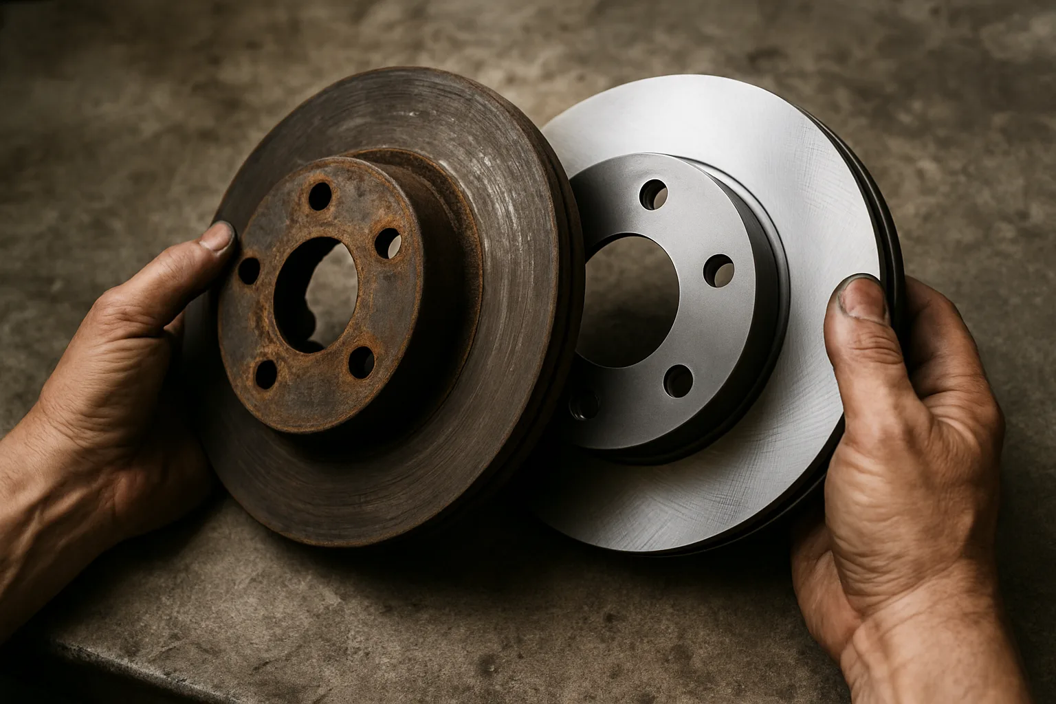Worn brake rotor compared to new replacement part