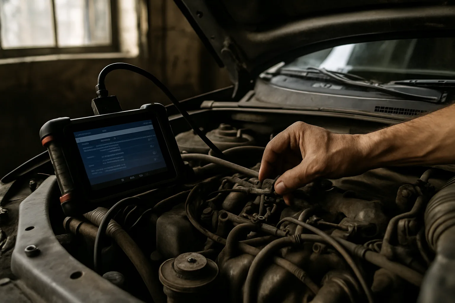 Engine diagnostic scanner connected to vehicle OBD port