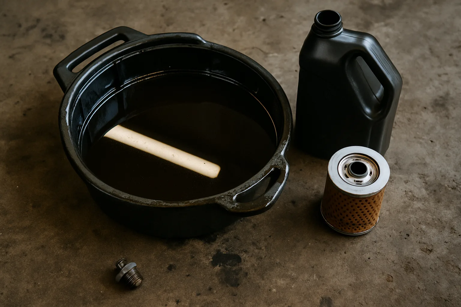 Oil change service in progress with drain pan and fresh oil